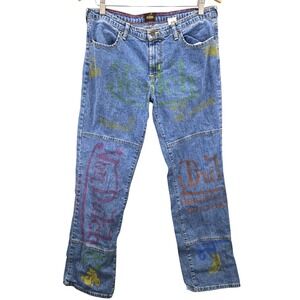 Retro Y2K VON DUTCH Originals Painted Graffiti Blue Wide Leg Jeans Size 15